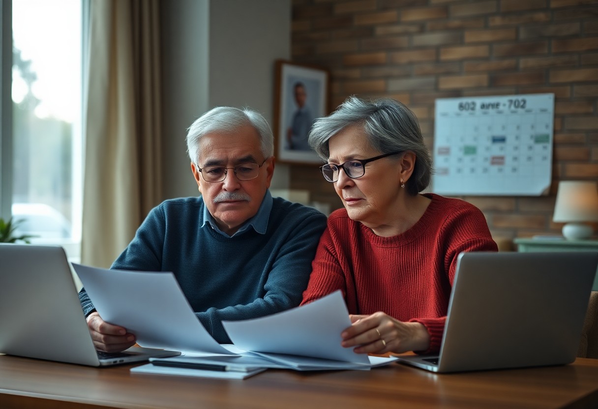 Pareja de adultos mayores supervisando y analizando diferentes documentos / edad de Jubilación Ideal Para Tu PPR