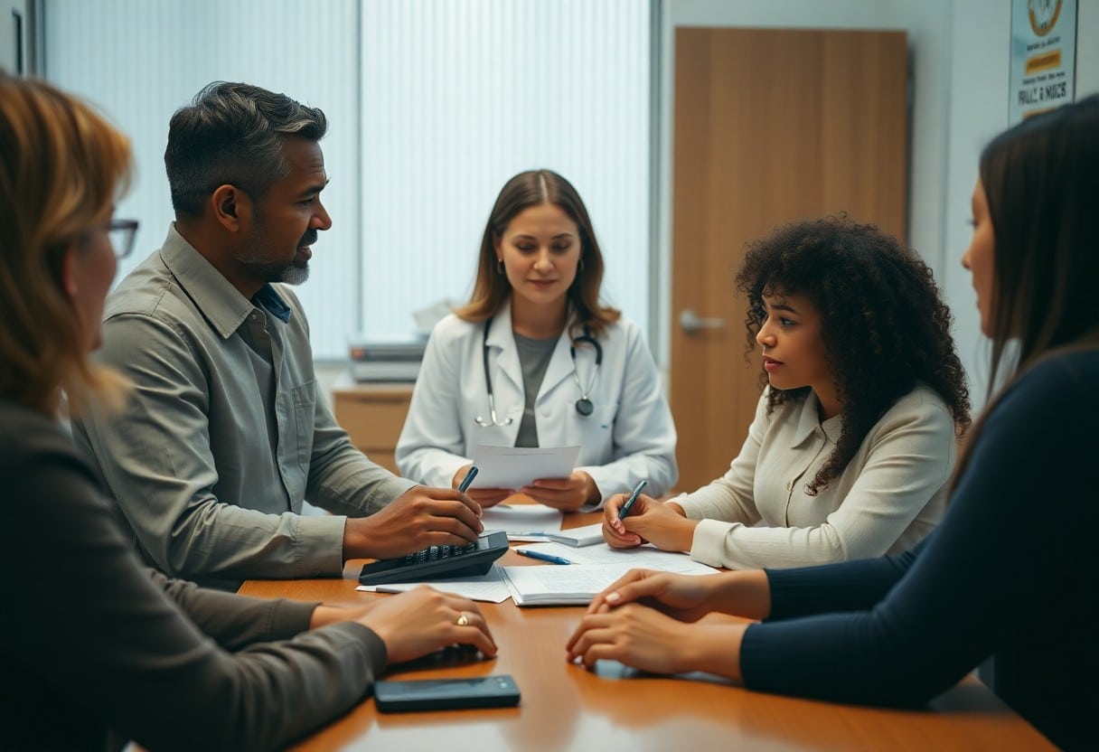 Médico y personas analizando costos en sala de juntas / consejos para ahorrar en gastos médicos