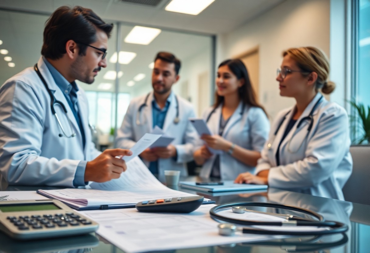 médicos analizando precios en una oficina / factores que afectan los gastos médicos