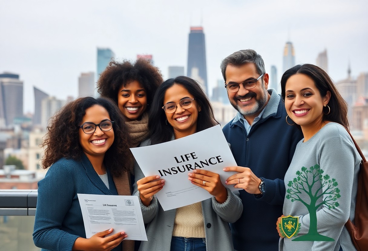 5 personas sonriendo sosteniendo una poliza de seguro de vida / beneficios clave del seguro de vida