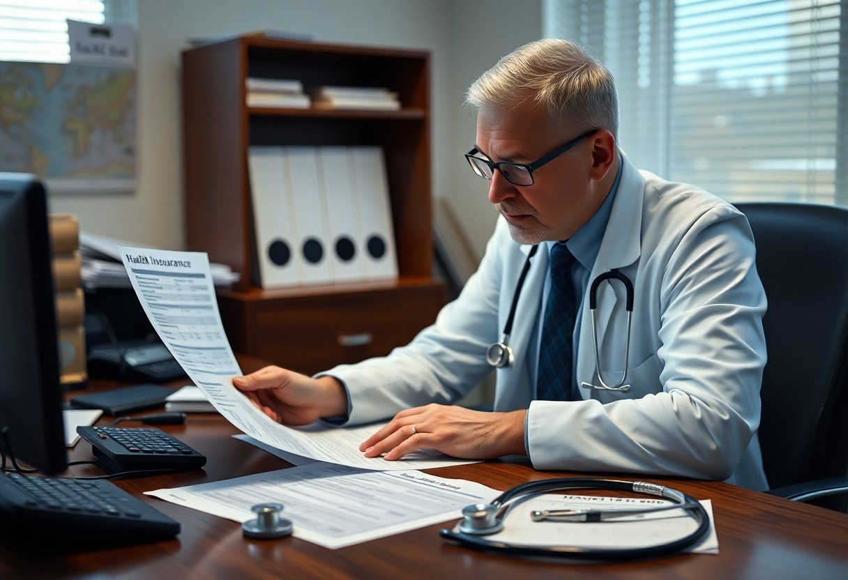 Médico en consultorio analizando poliza de seguro médico / ¿Gastos Médicos Mayores O Seguro De Salud? Comparando Precios Y Beneficios