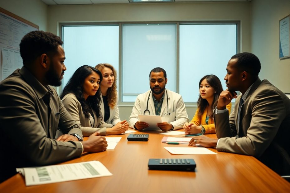 médico y cuatro personas analizando informacion en oficina / Mitos Comunes De Los Gastos Médicos Mayores