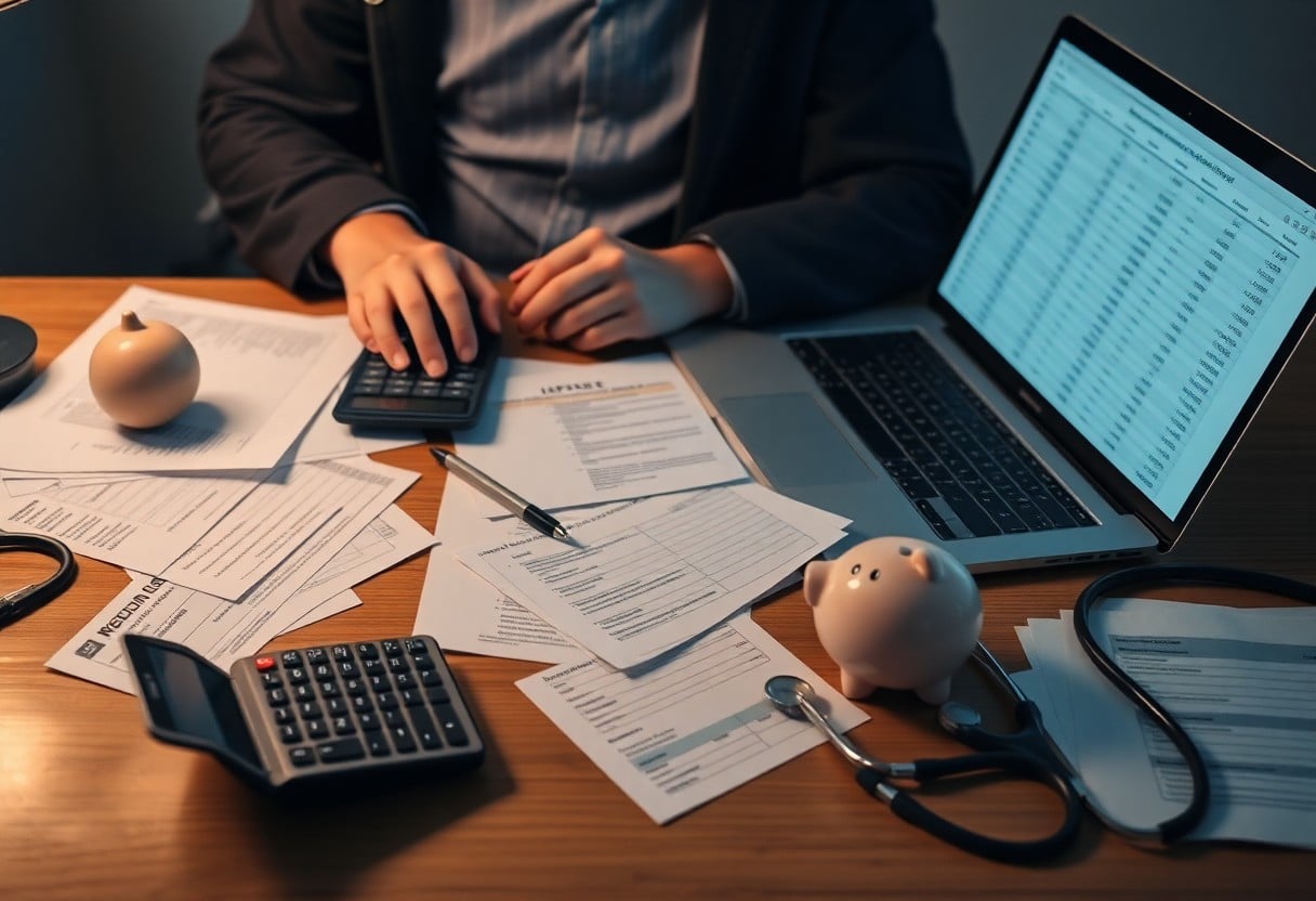 Persona con varios documentos y realizando calculos en escritorio / Prepararte para enfrentar gastos médicos mayores