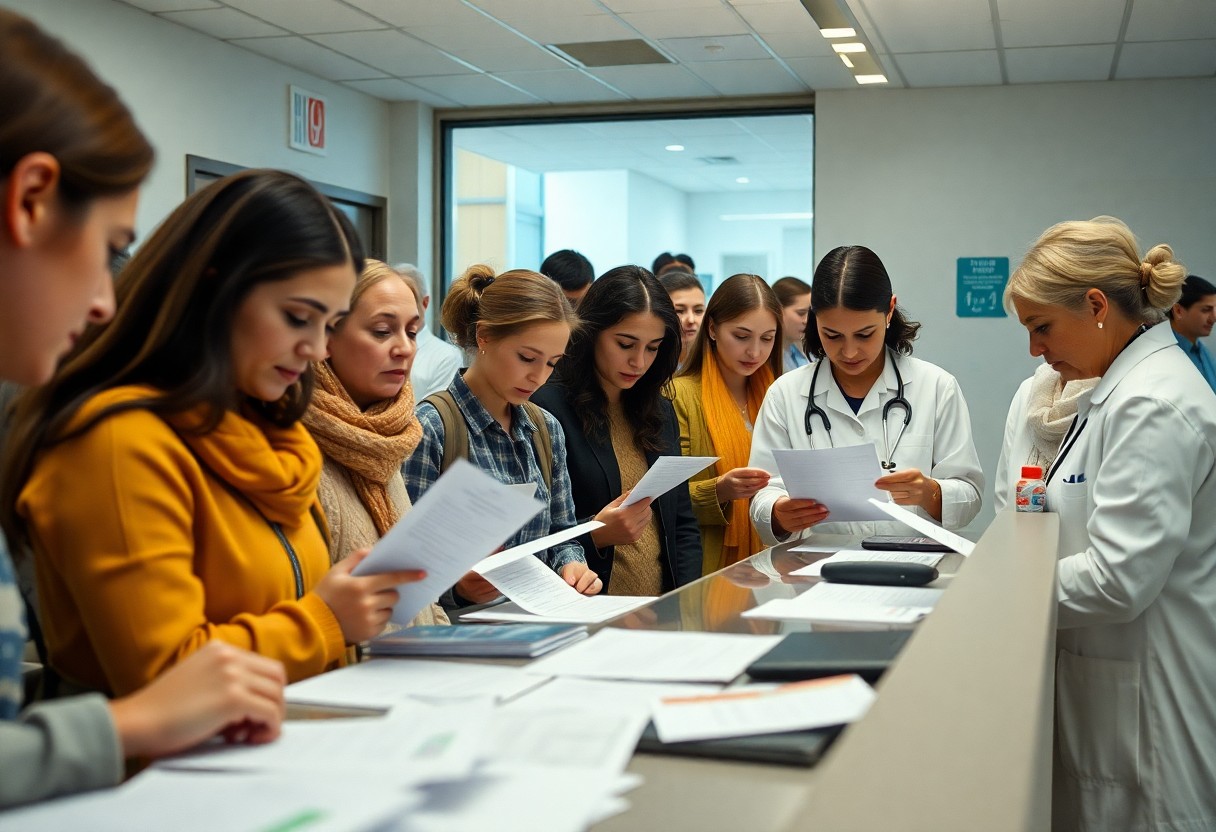 grupo de mujeres y doctoras analizando documentos / Ayuda Financiera Para Gastos Médicos Mayores