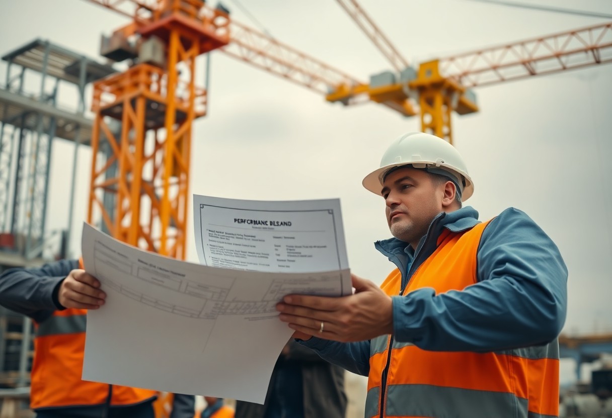 Persona en obra de construccion analizando un documento / Fianzas de fidelidad