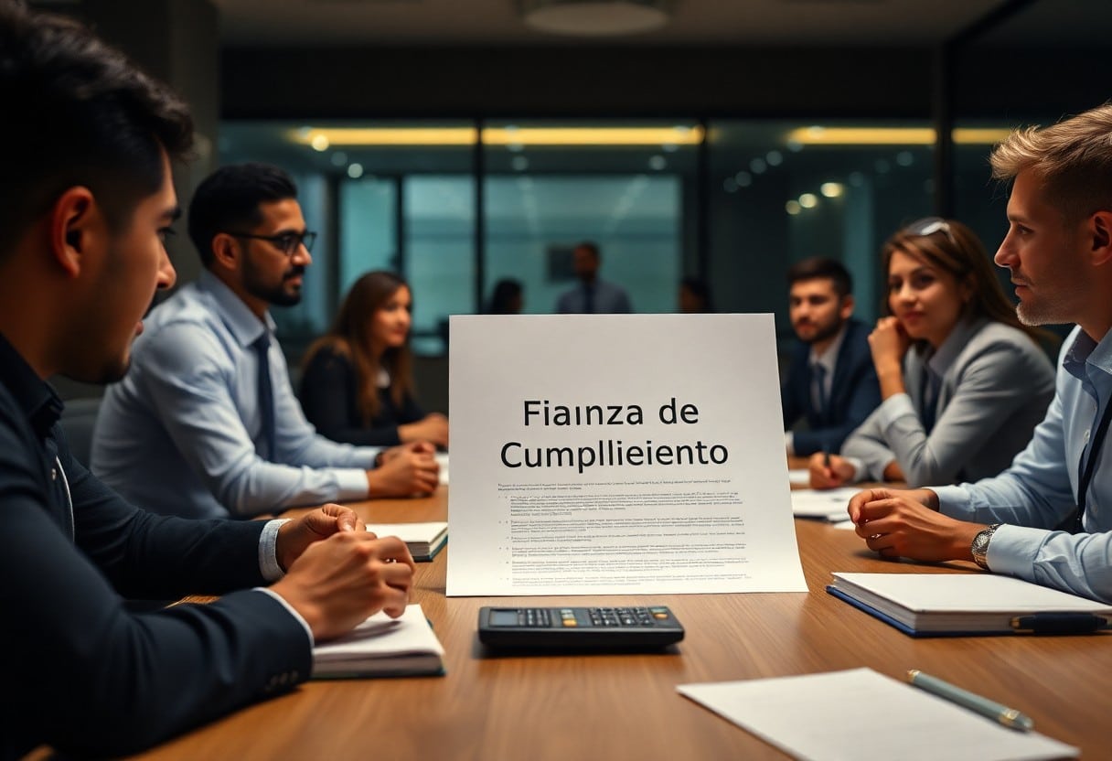 Grupo de personas en reunion de oficina con documento en mesa de fianza de cumplimiento / fianza cumplimiento