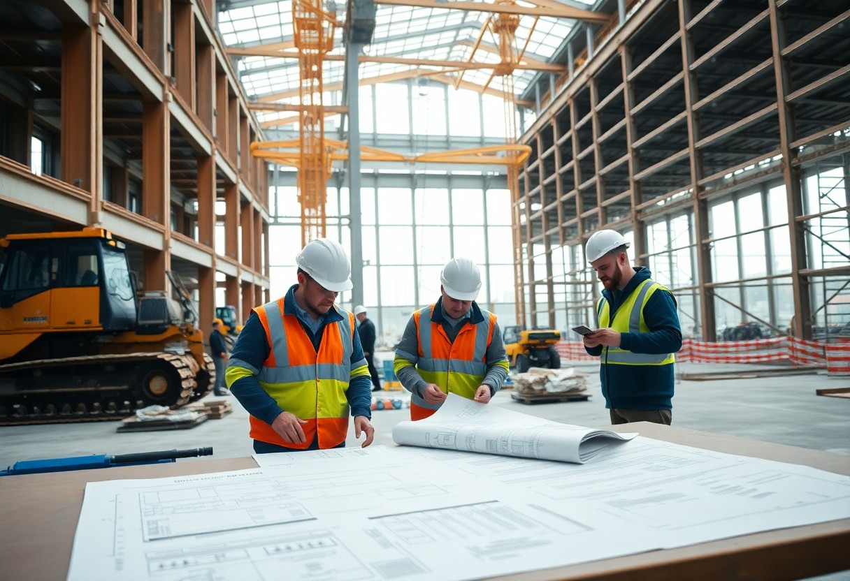 3 obreros revisando planos en obra civil en proceso / fianza de obra