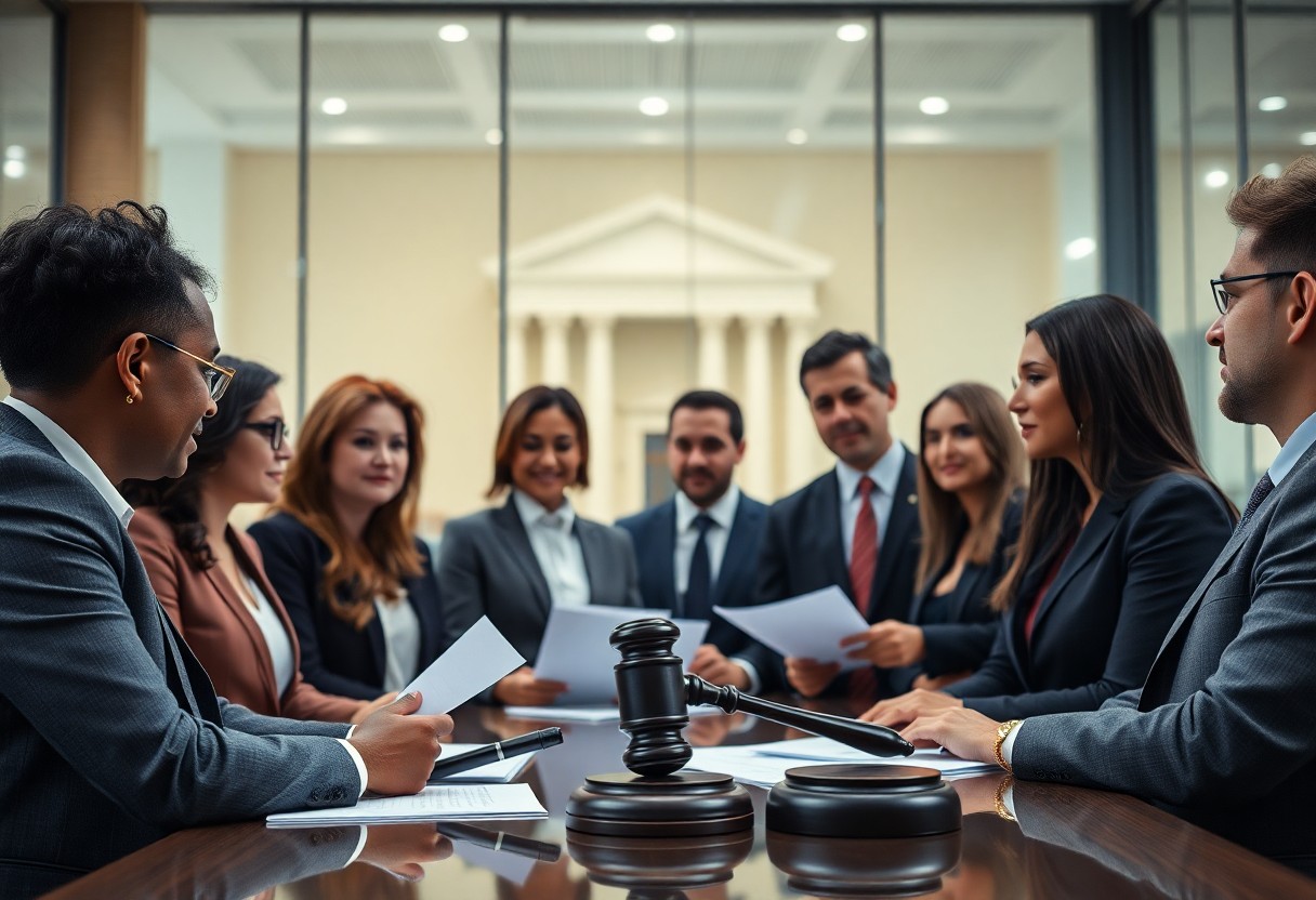 Personas alrededor de una mesa con un martillo de juez / Fianza legal y Judicial