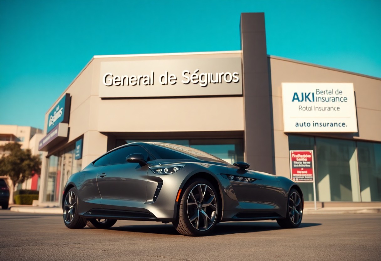 Auto con oficinas de general de seguros al fondo / general de seguros