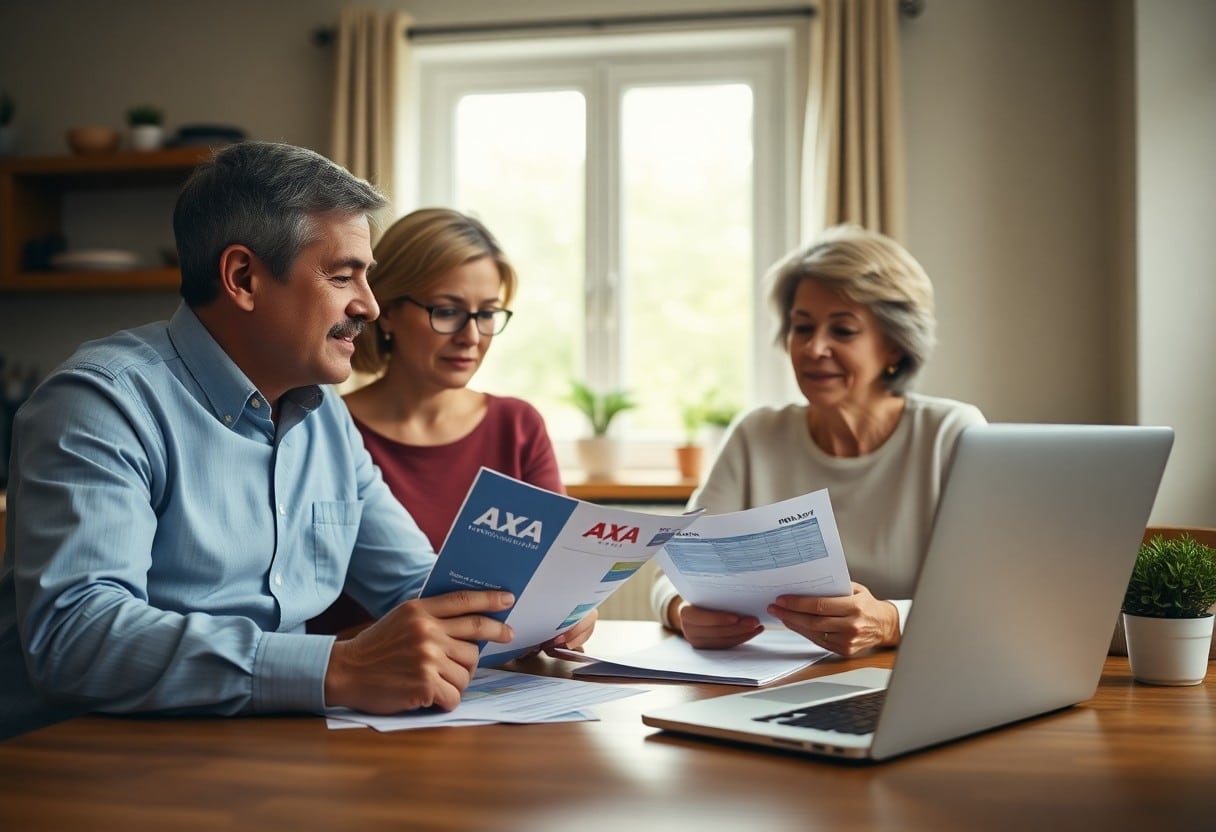 3 personas leyendo folletos de axa / contratación de seguros