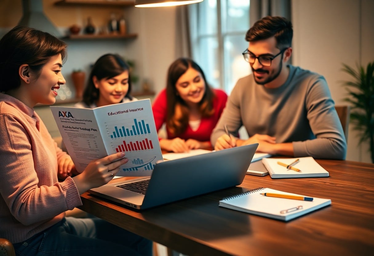 Personas analizando un folleto en un comedor / seguro educativo AXA